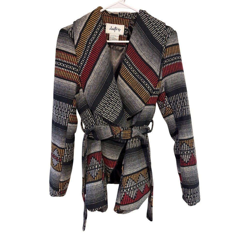 Daytrip Womens Small Southwestern Geometric Wrap Jacket Shawl Collar Belted Grey